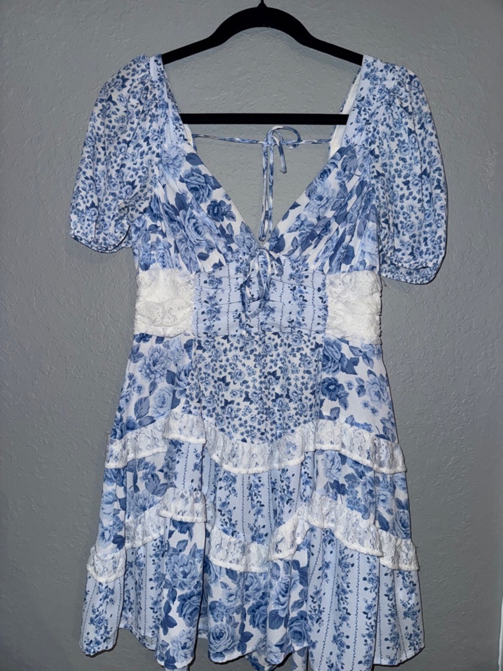 Altar'd State Blue and White Floral Tie-Front Mini Dress